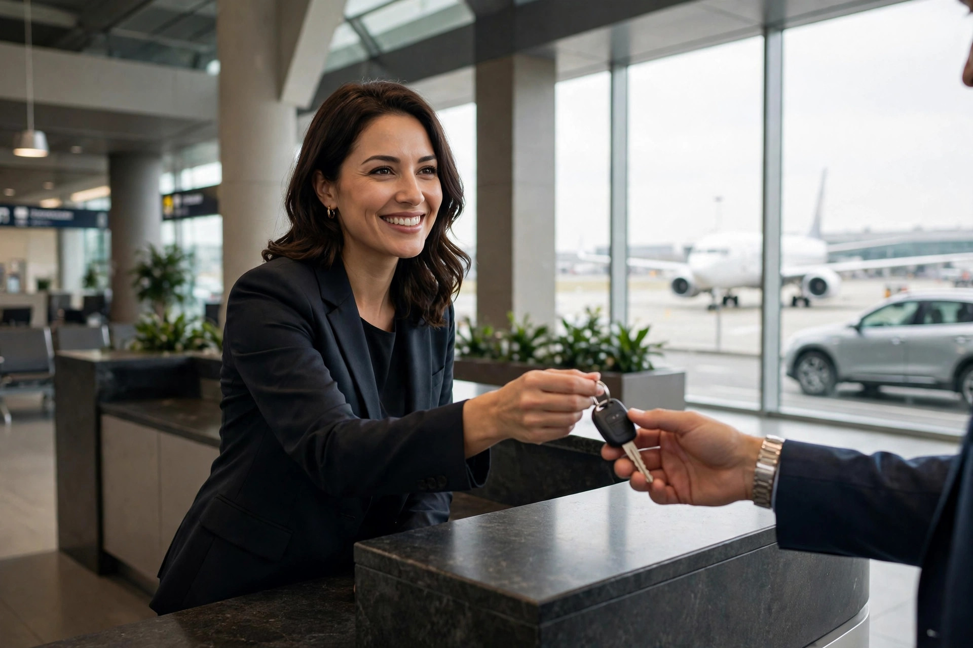Aucomm team member handing car keys to a guest at the airport